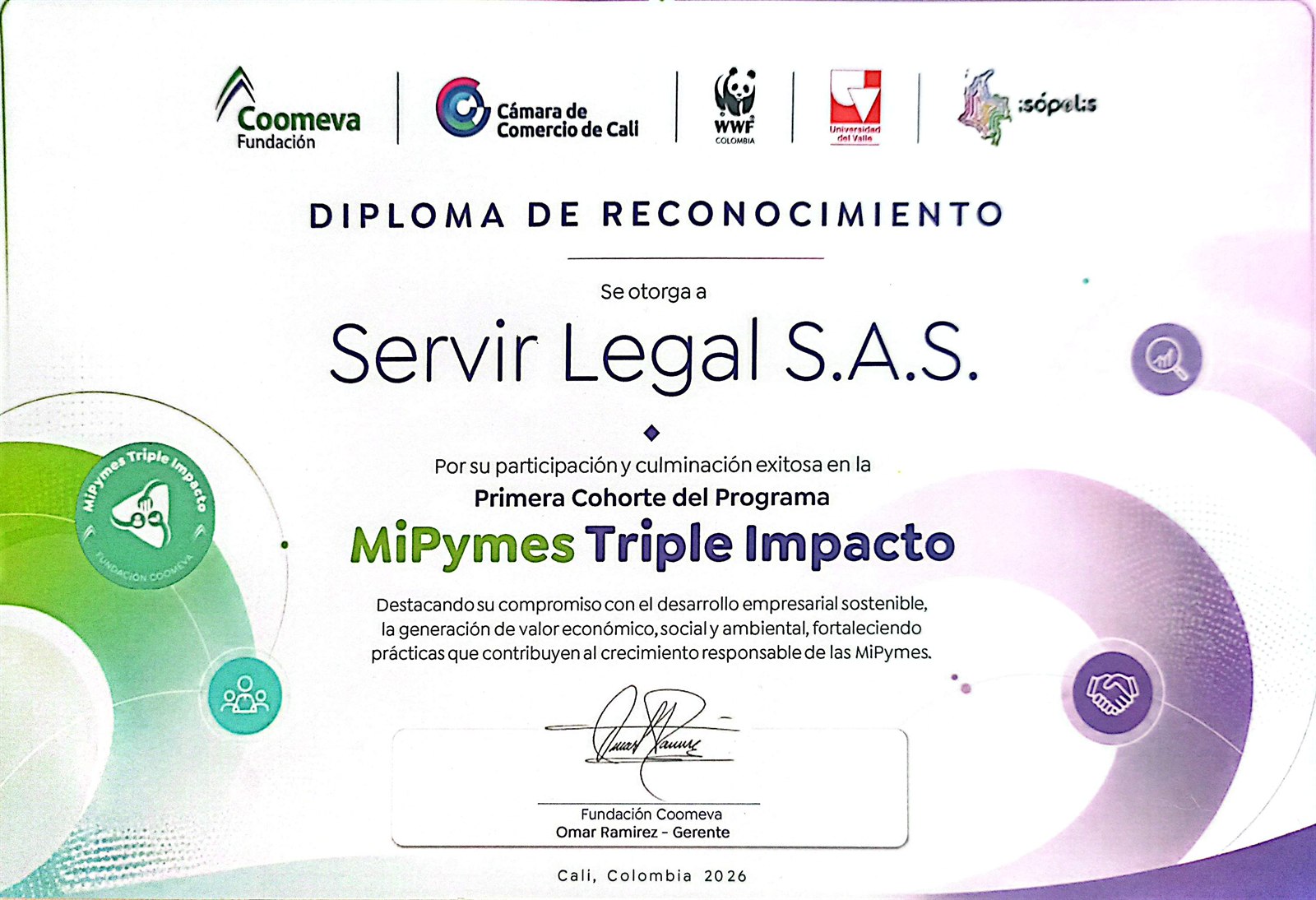 Diploma de reconocimiento MiPymes Triple Impacto otorgado a Servir Legal S.A.S.